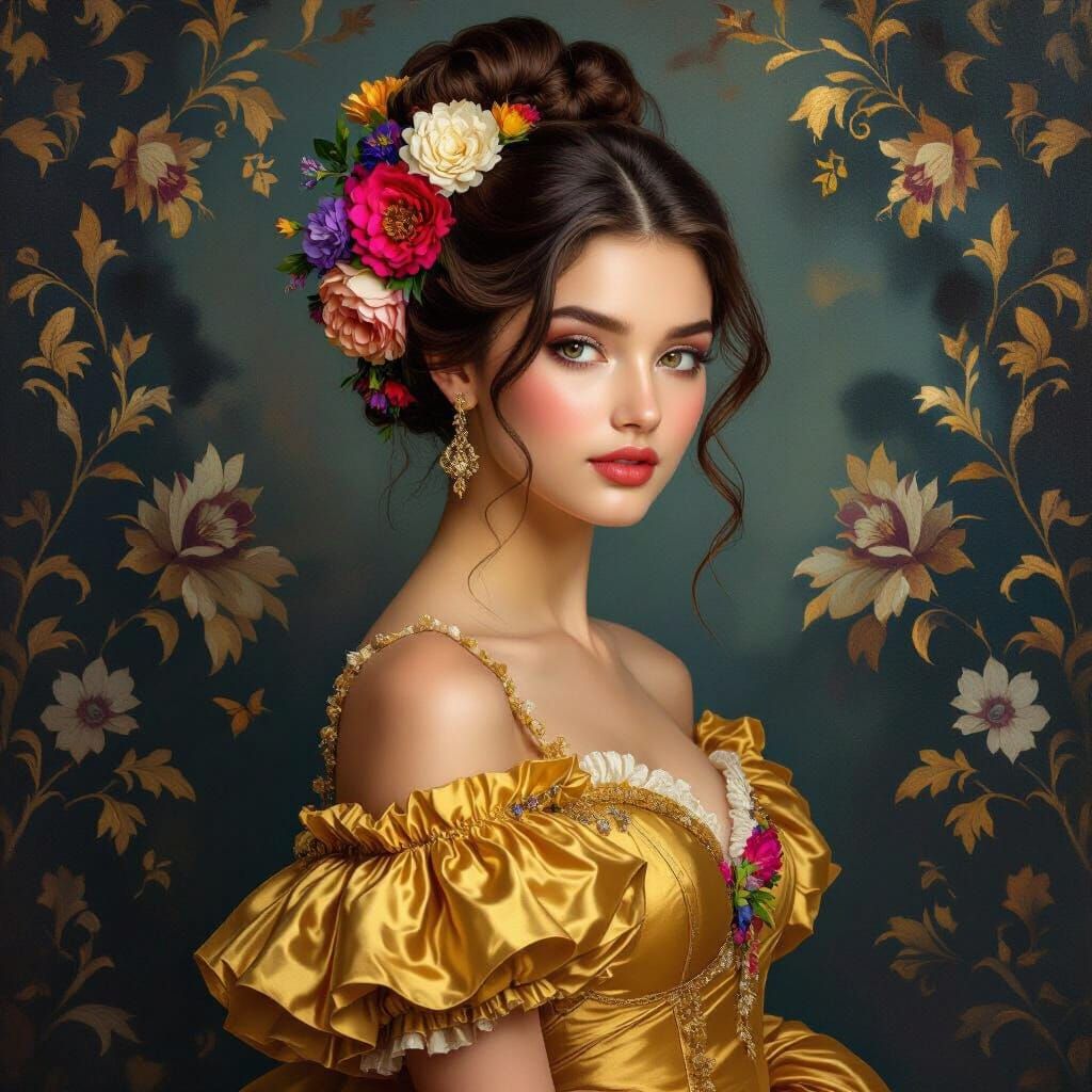 Young Woman in Golden Gown with Floral Hair