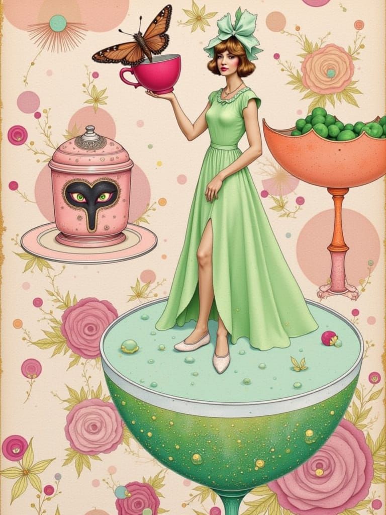 <lora:Surreal Shine:1.0>  A whimsical surreal collage featuring vintage woman standing in a bowl of pistatio pudding. Rendered in a playful,...
