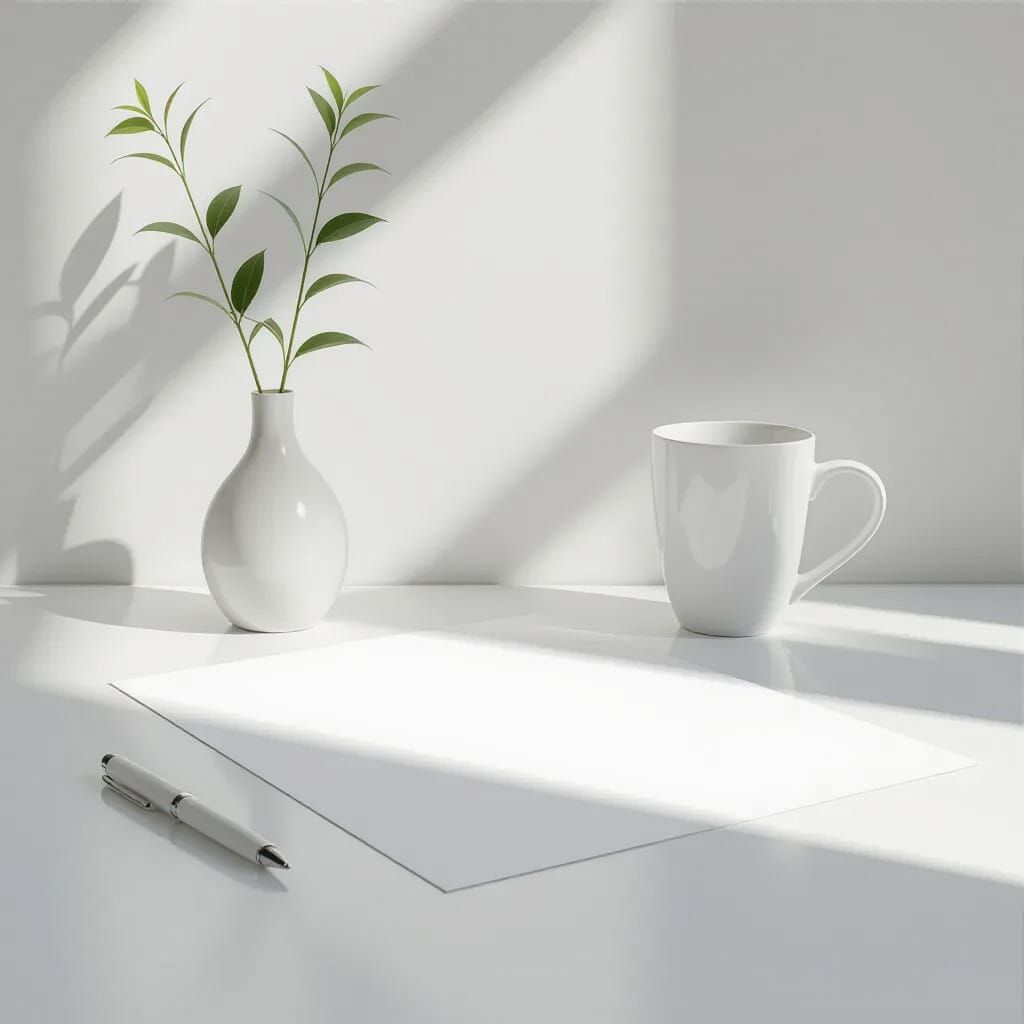 Minimalist White Composition: Paper, Pen, and Table