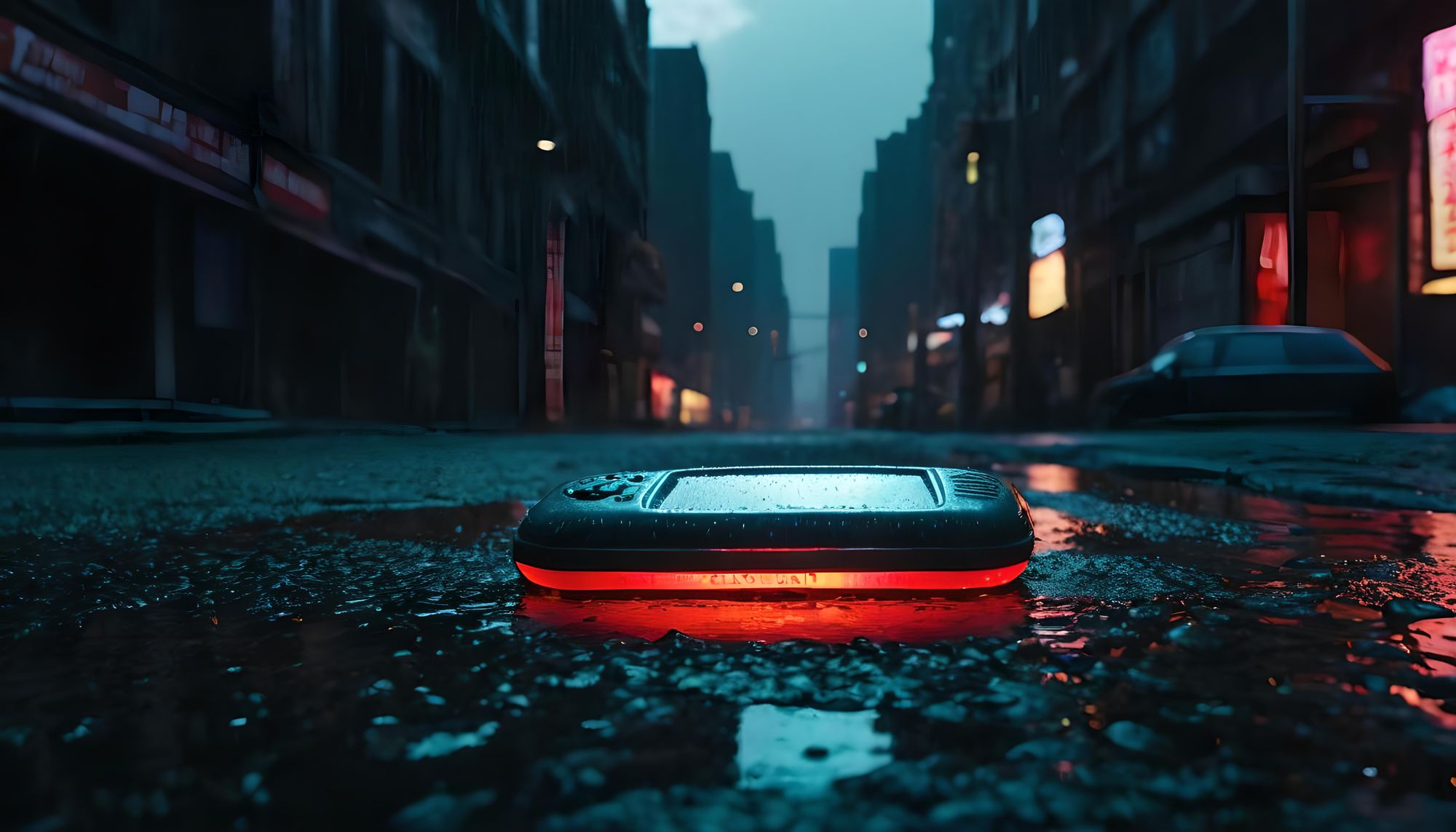 Nighttime cyberpunk city, dark and gritty urban street scene, realistic black crow perched on top of an old weathered street lamp, flickerin...