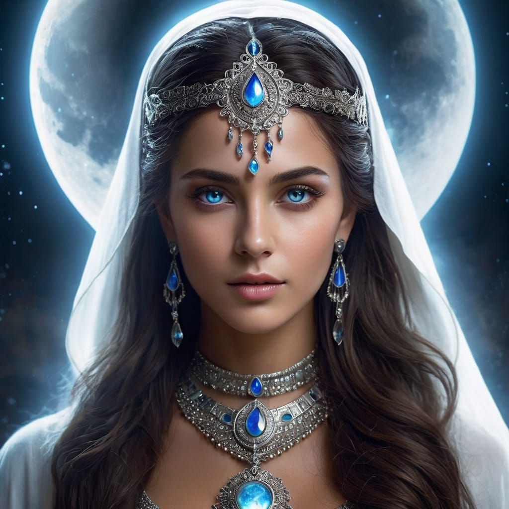 A moonlit priestess with silver markings