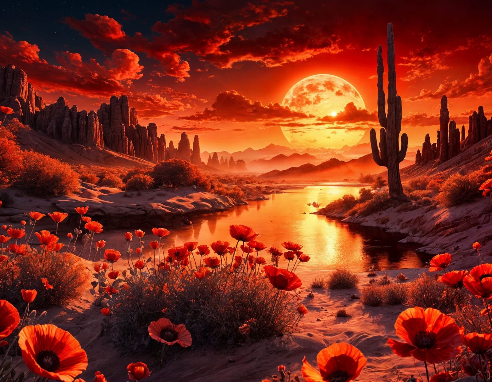 fire red sunset above desert creek  by @CyberArtPunk