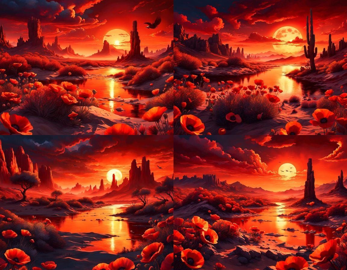 fire red sunset above desert creek