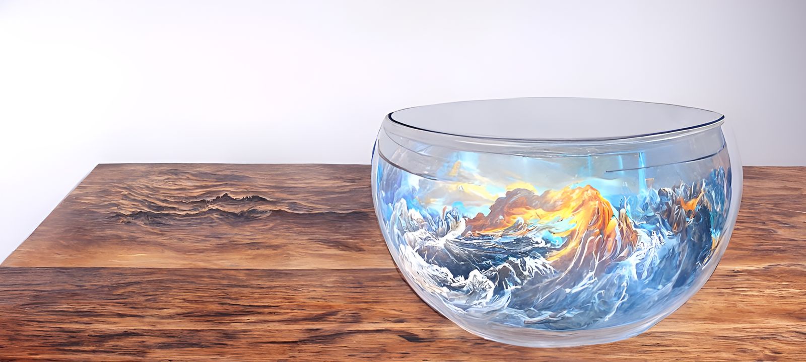 A Beautiful Painting of a Terrifying and Expansive Ocean Maelstrom and  Tsunami In a fishing bowl with goldfish, a fish bowl is on a wooden level  by Caspar David Friedrich - AI