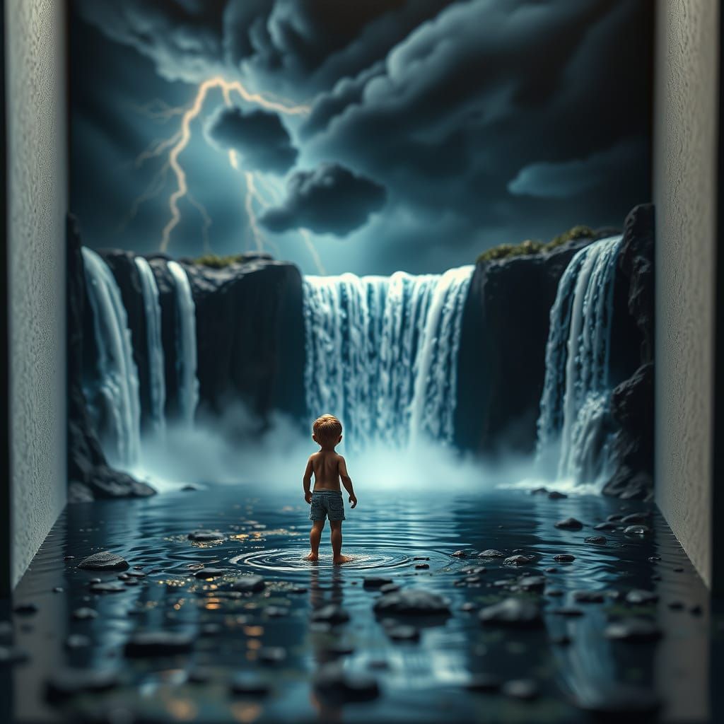 Child at Waterfalls in Mystical 3D Miniature  by @Sakura Dreams 