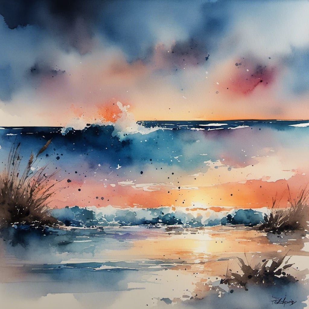 <lora:Chibi Love:1.0>  A beautiful watercolor art sunset beach