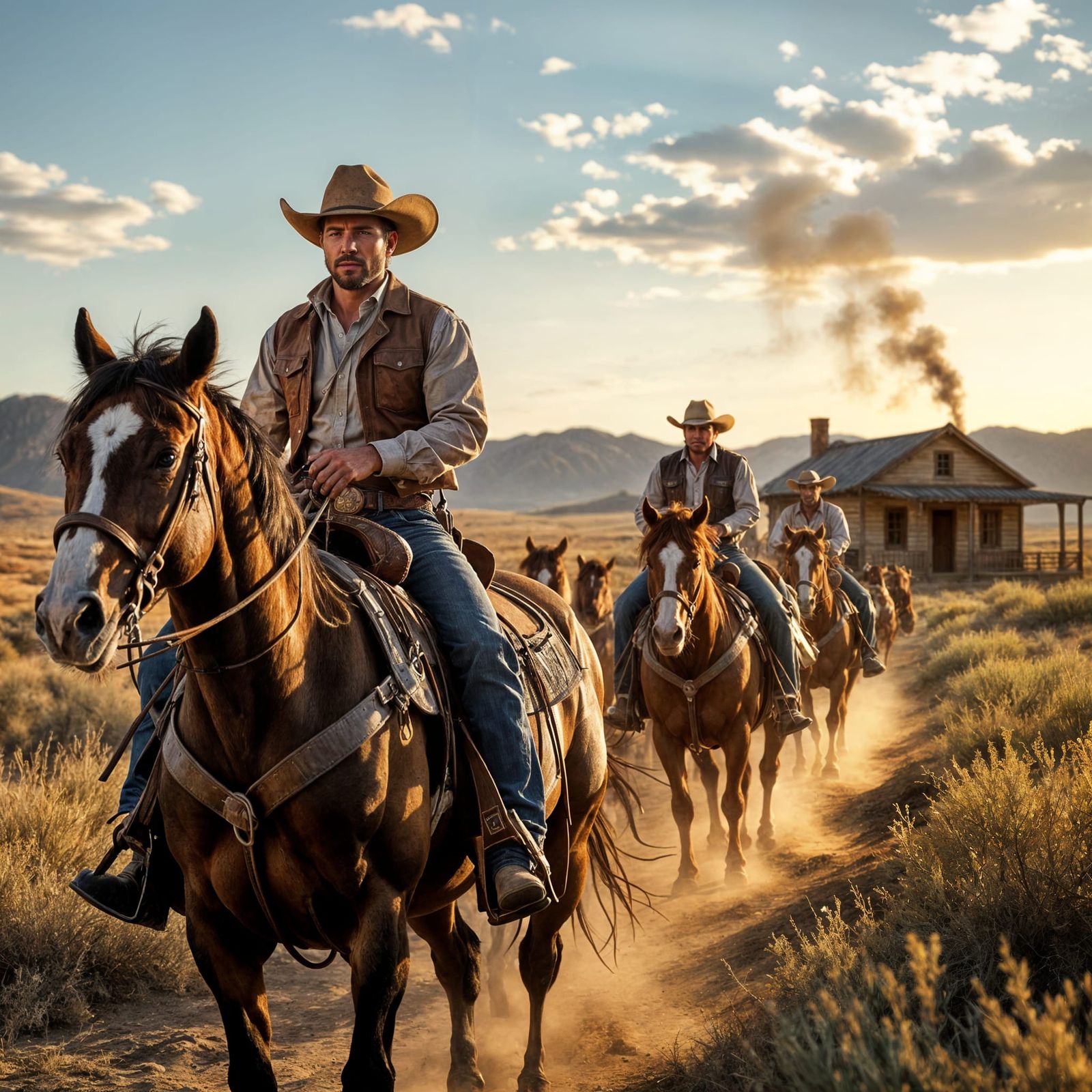 Hyperrealistic Cowboys Herding Cattle in Desert Landscape