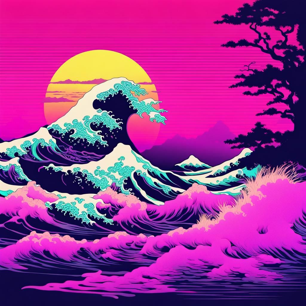 Wave of Kanagawa, vaporwave style, neon blacklight - AI Generated ...