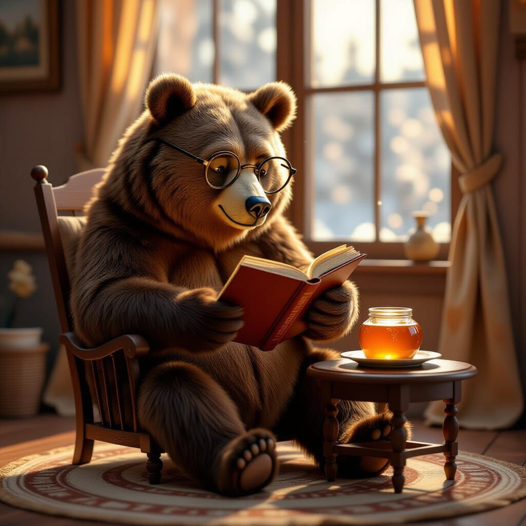 Bear Reading a Book on a Tiny Chair in Warm Light