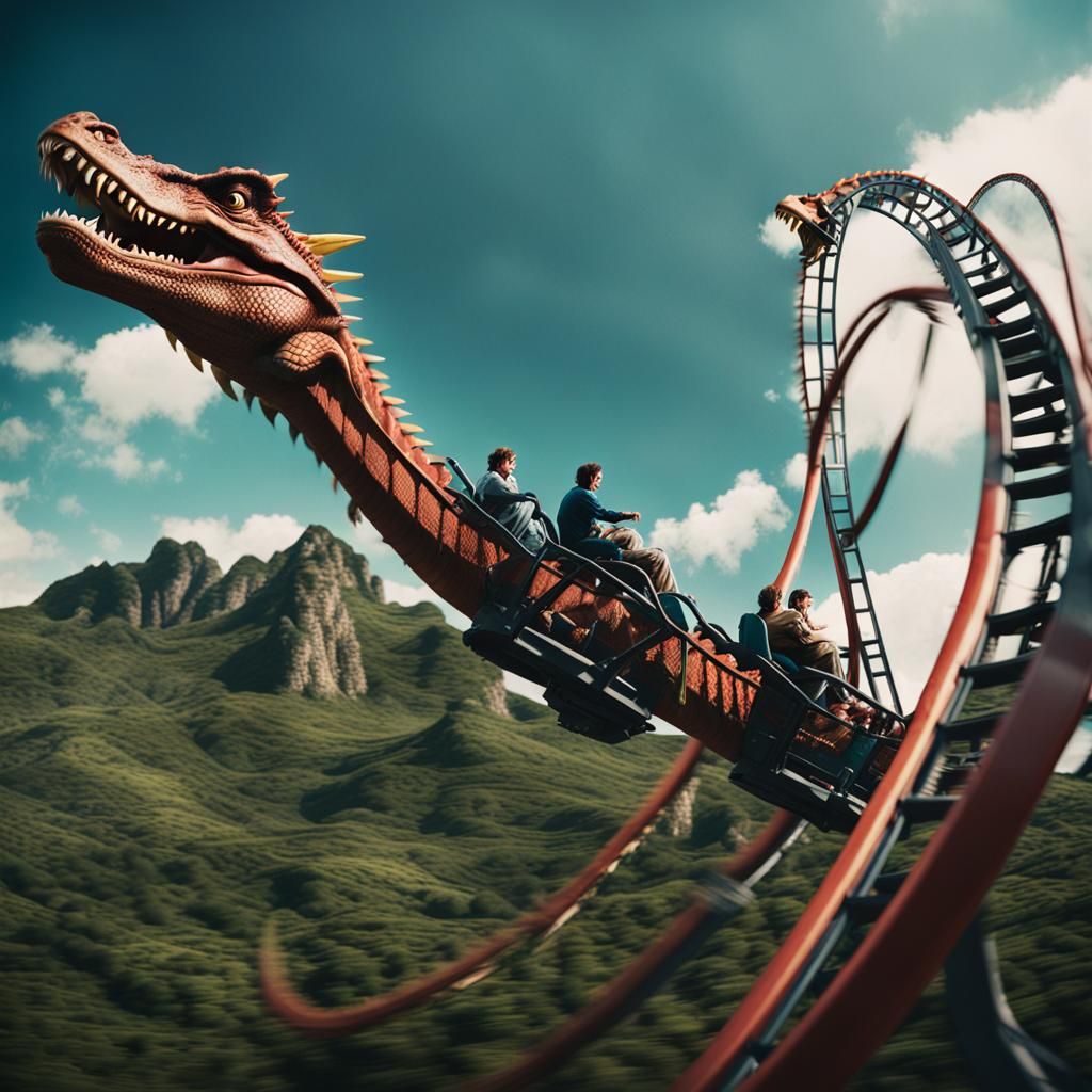 People ride a rollercoaster with dragons flying around at a dragon ...