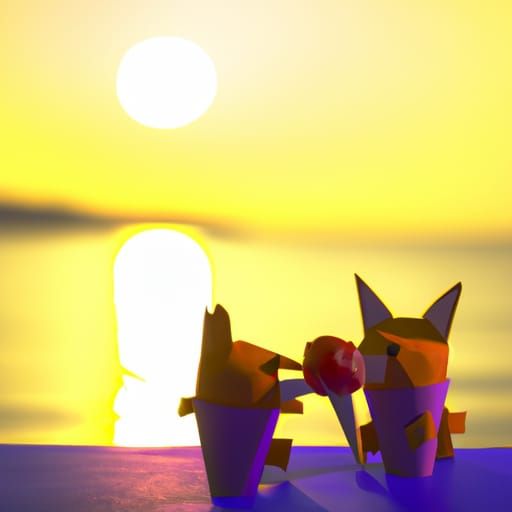 puppies eating ice cream on the beach at sunset