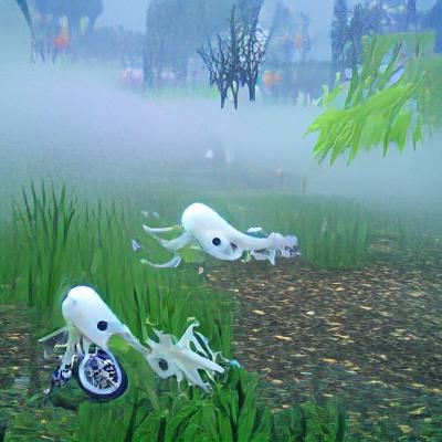 White Ghost Squids in Foggy Park