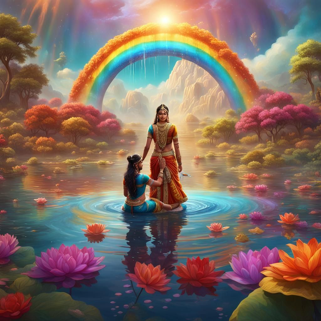 indian godess bathing in a rainbow lake with her servant, wa...