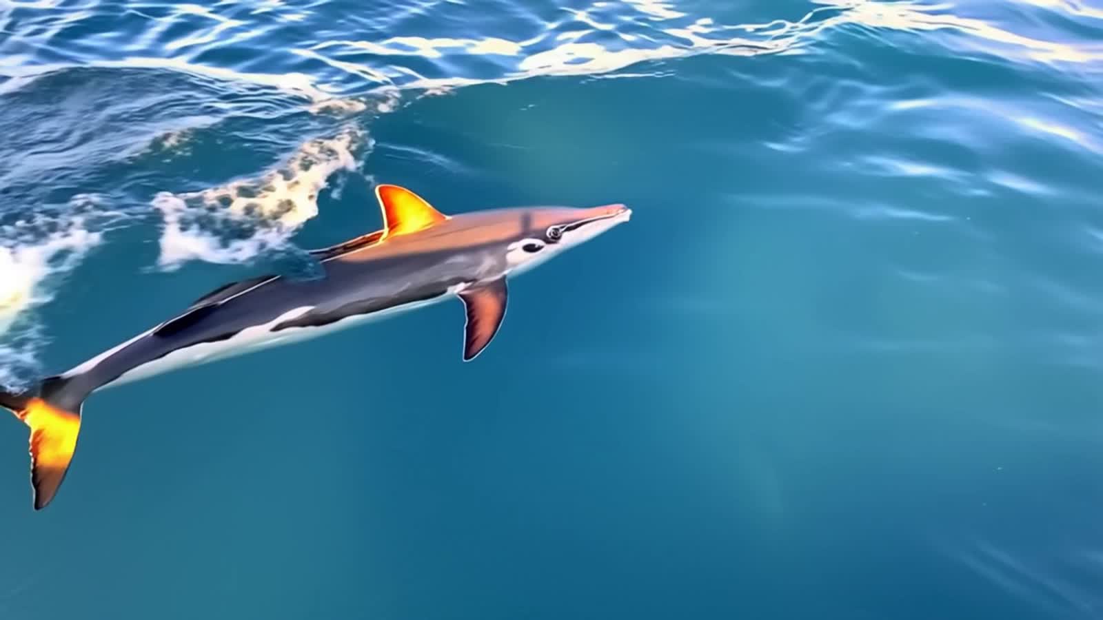 Spinner dolphin in the ocean briefly, then SPINNING above the ocean dramatic zoom in