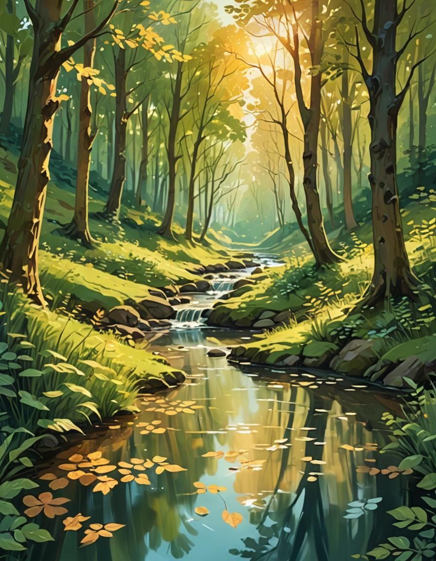 Whimsical Forest Glade in Golden Light
