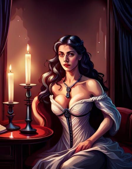 Female goddess Victorian style revealing her chest. Candle l...