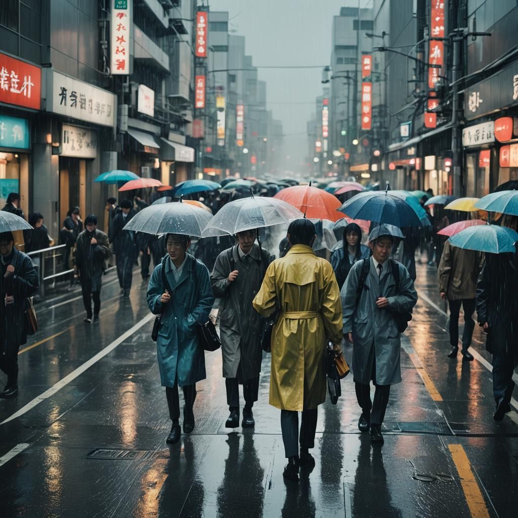 A dreary, rainy day in Tokyo. Commuters rush to work but are...