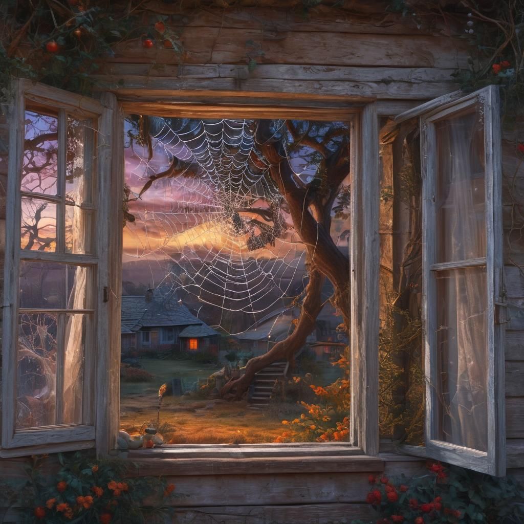 Surreal Cottage with Spiderweb in Cosmic Style