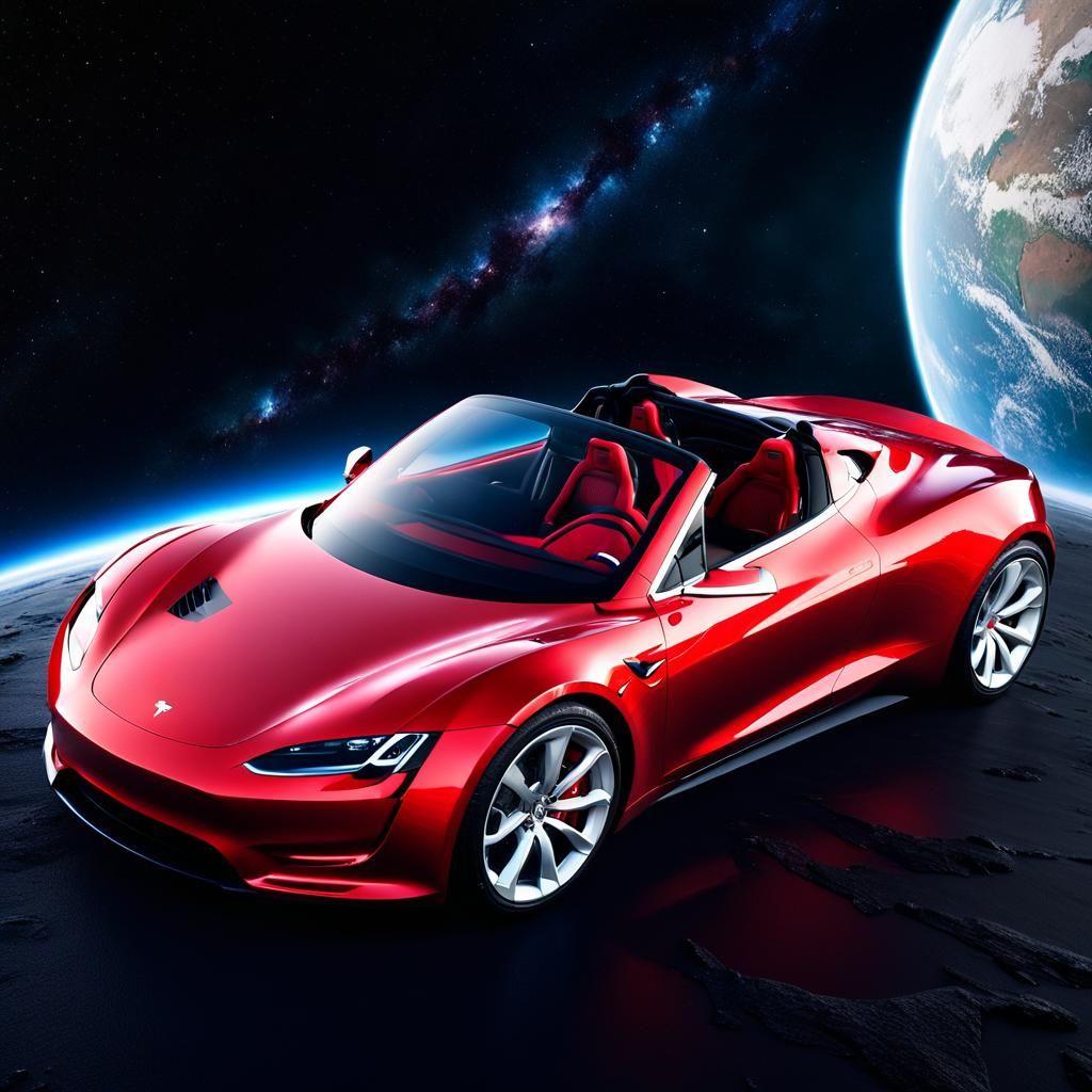 An image of a Red Tesla Roadster with a White space suit in the drivers seat floating through outer space