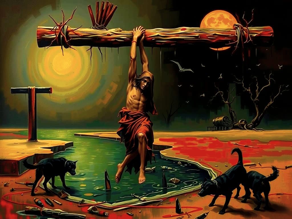 Gothic Dystopian Landscape with Martyr and Twisted Contrapti...