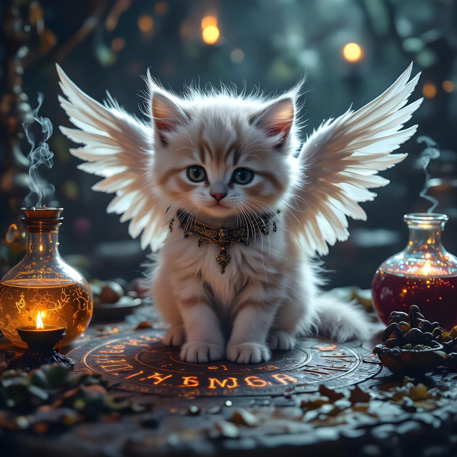 Adorable, fluffy, winged angel house kitten, wearing a tiny, intricately designed collar, perches delicately on a worn, ancient halloween a...