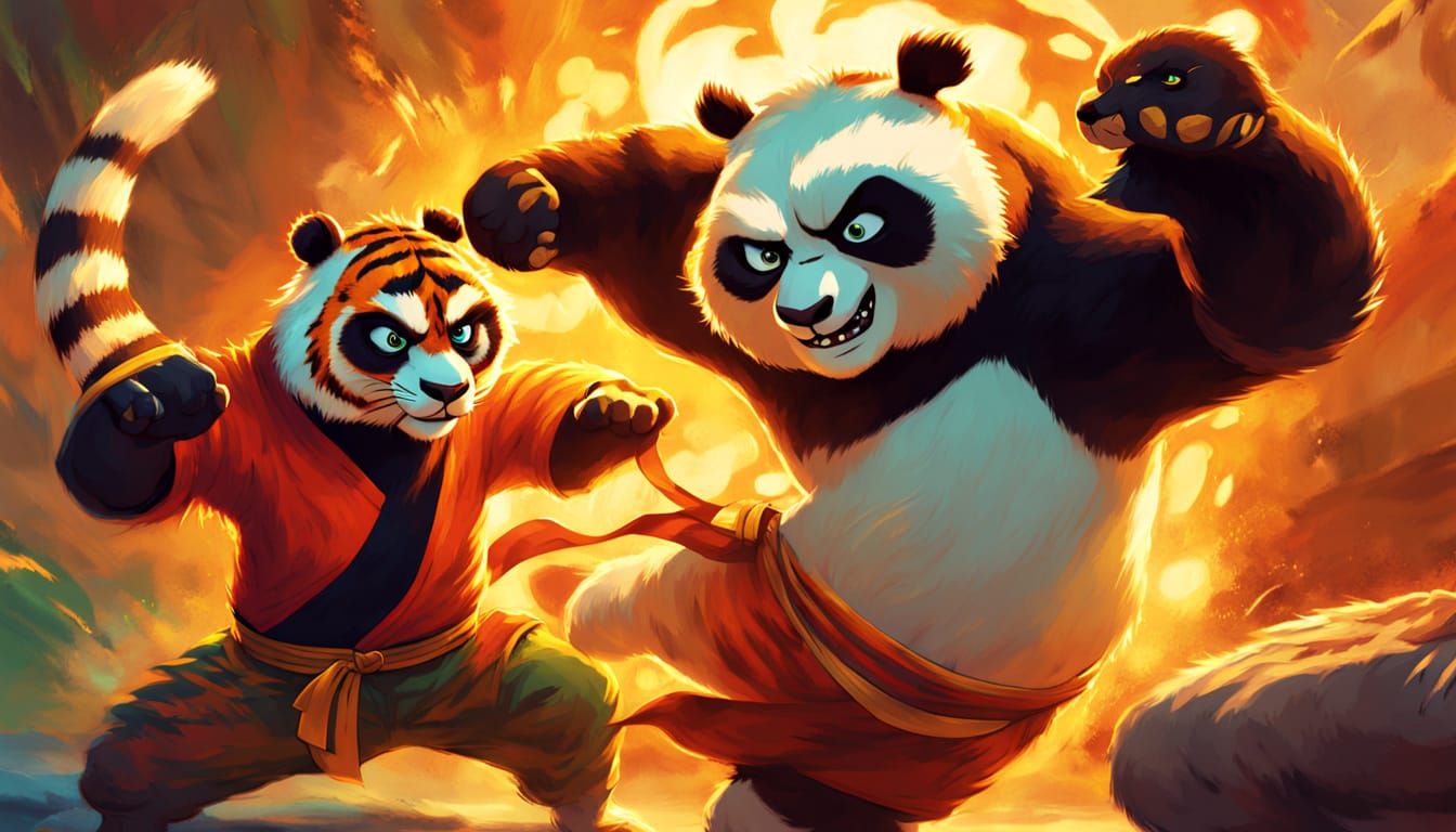 Kung fu panda vs a tiger in a karate outfit.