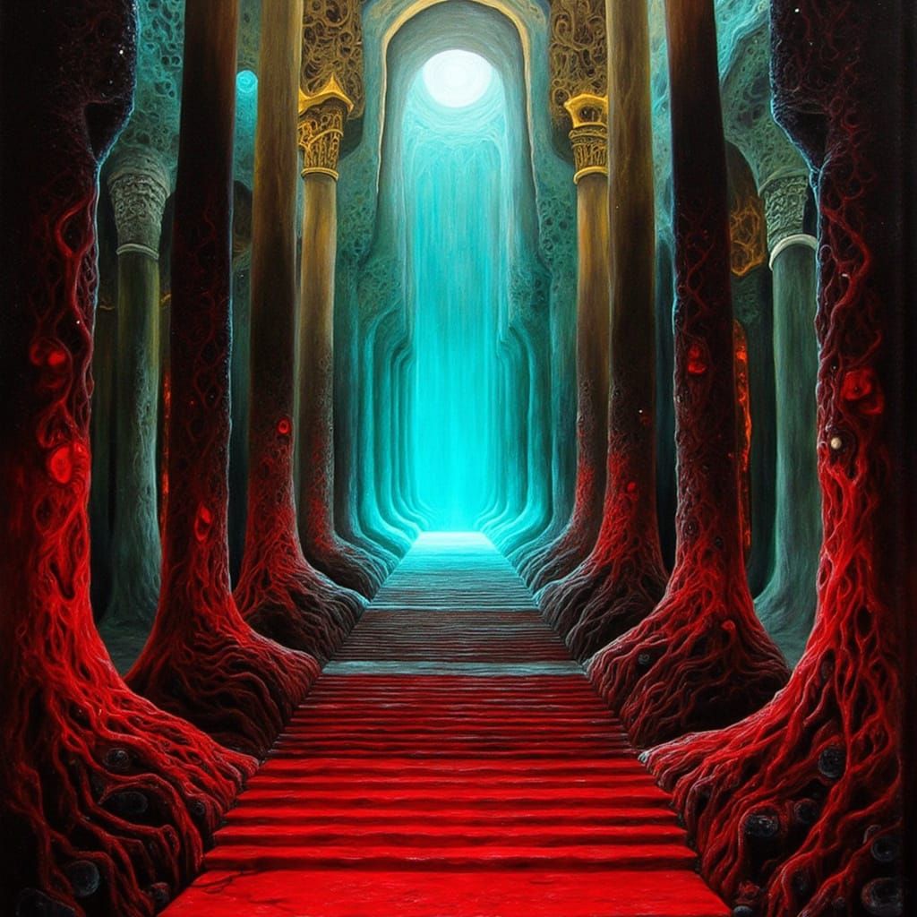 Gothic Cathedral with Glowing Waterfalls and Ancient Pillars