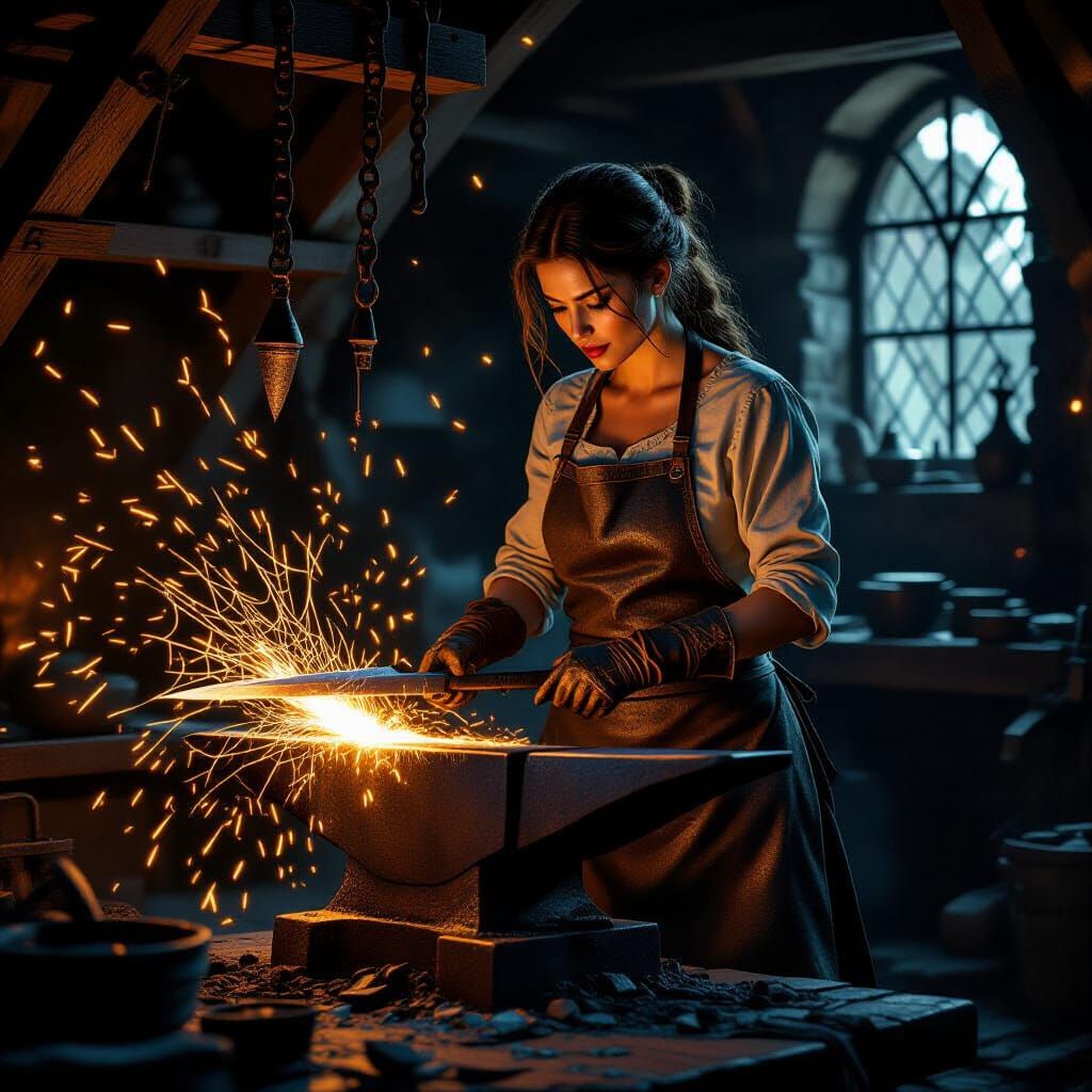 A medieval blacksmith's forge where the tools and anvil are intricately constructed from hardened, metallic spiderwebs, glowing with interna...