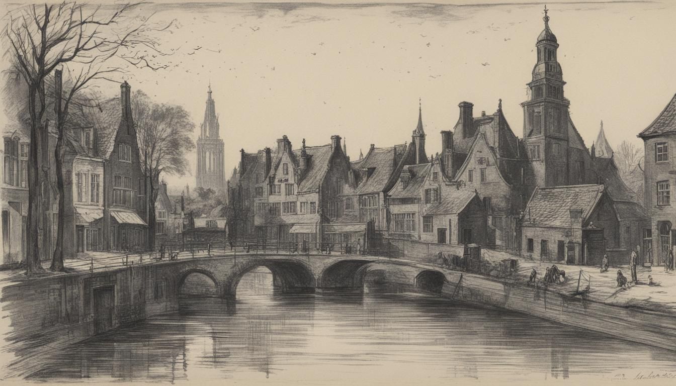 Achtererfjes Weesp 1902, dessin au fusain noir et blanc fond...