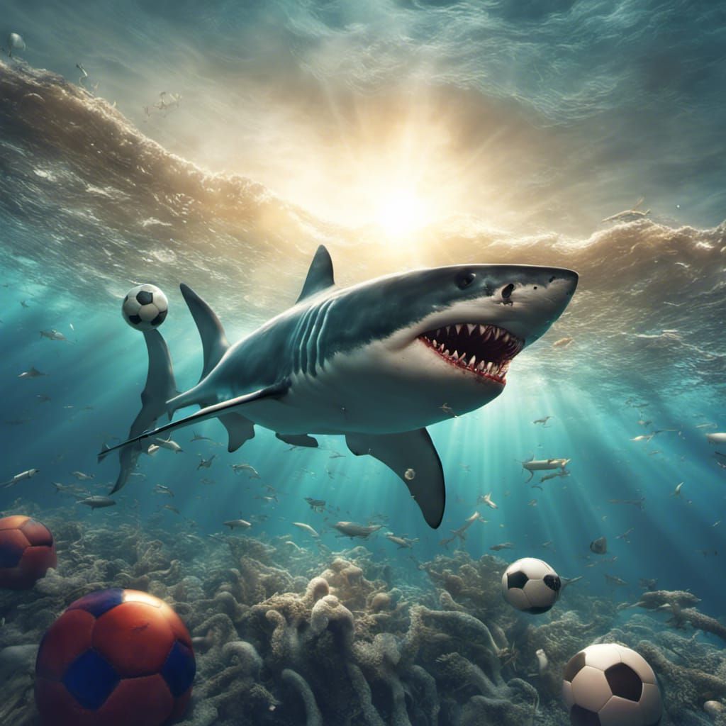 Shark under water bites a soccer ball, lens flare, digital a...