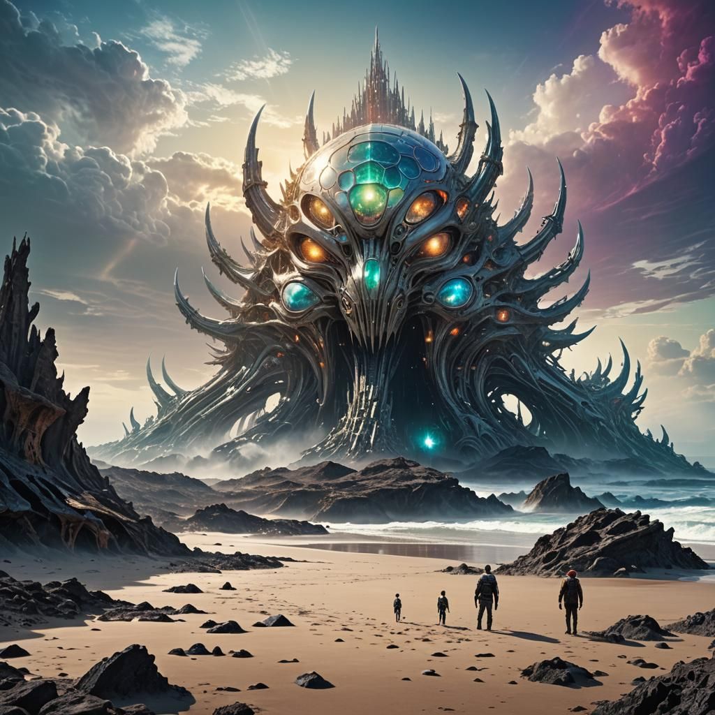 weird alien structure on seashore on another planet