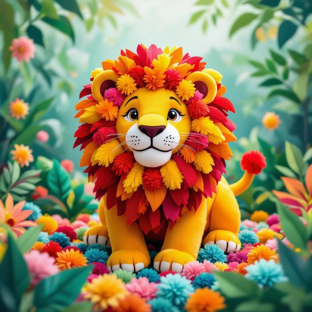 Colorful Pom-Pom Lion in Whimsical Jungle Scene