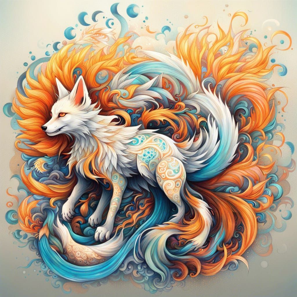 a kitsune with multiple tails that shimmer with otherworldly...