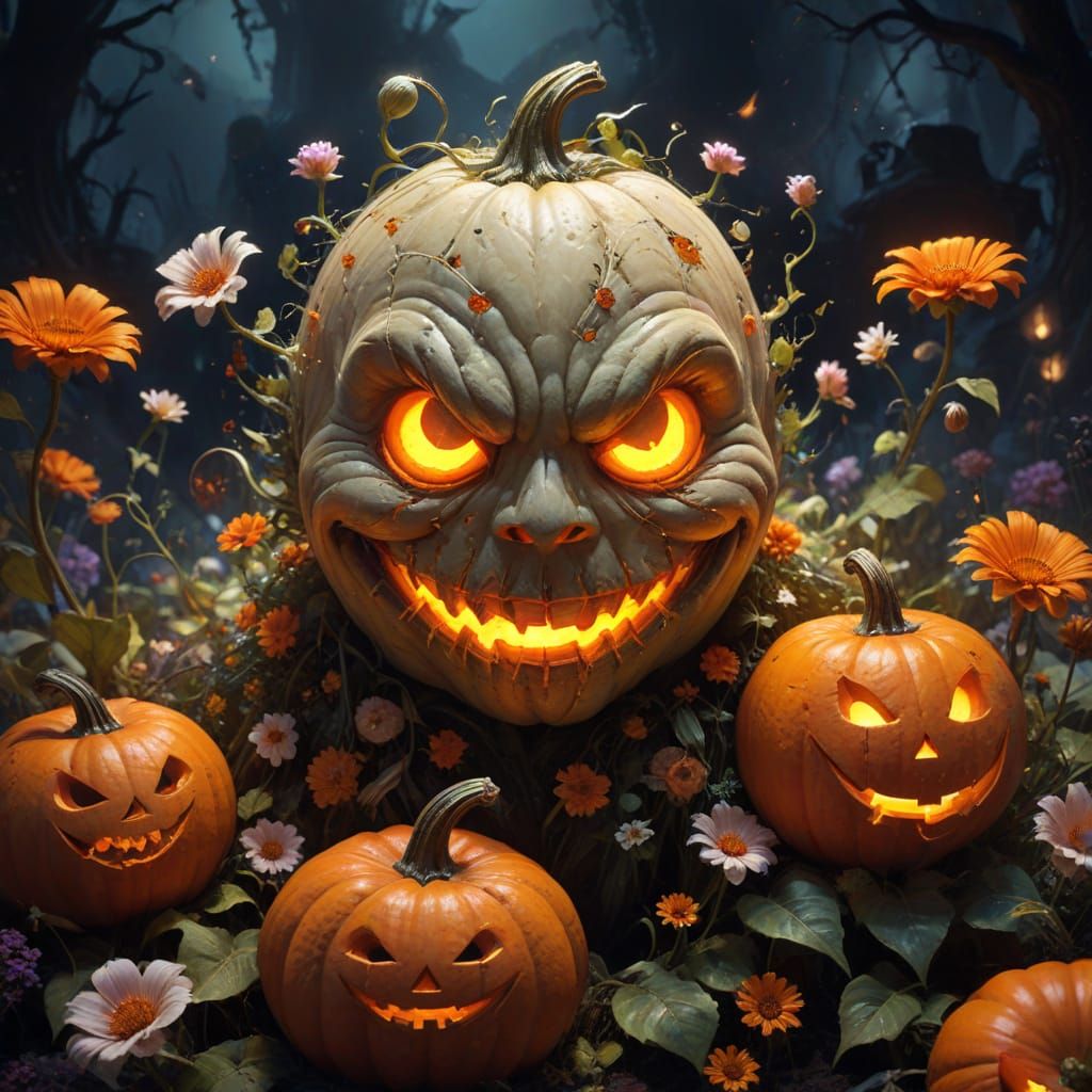 Grinning Jack-o'-Lantern Among Flowers, Vibrant Digital Pain...