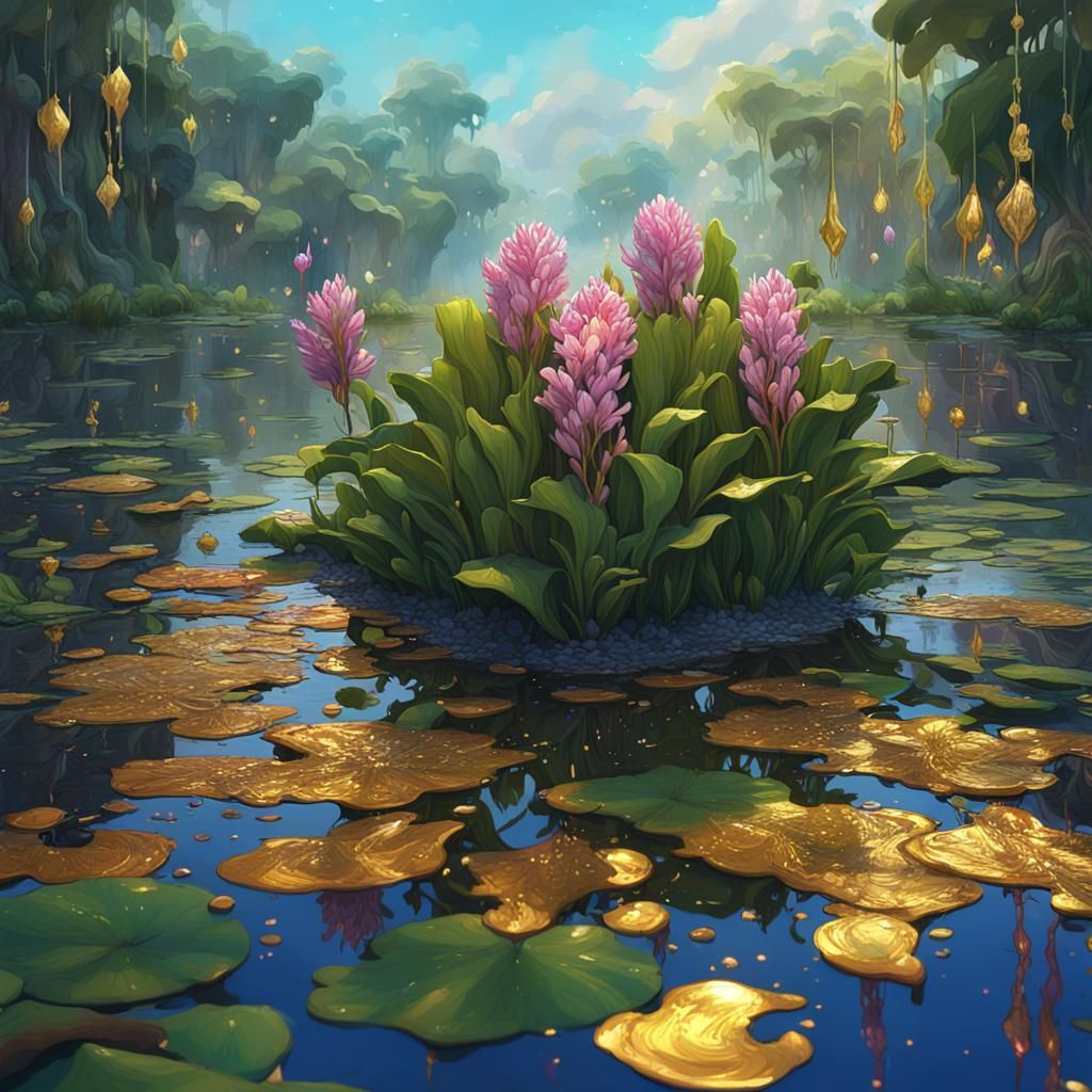 Water hyacinth; gold flecks; Speedpaint with large brush str...