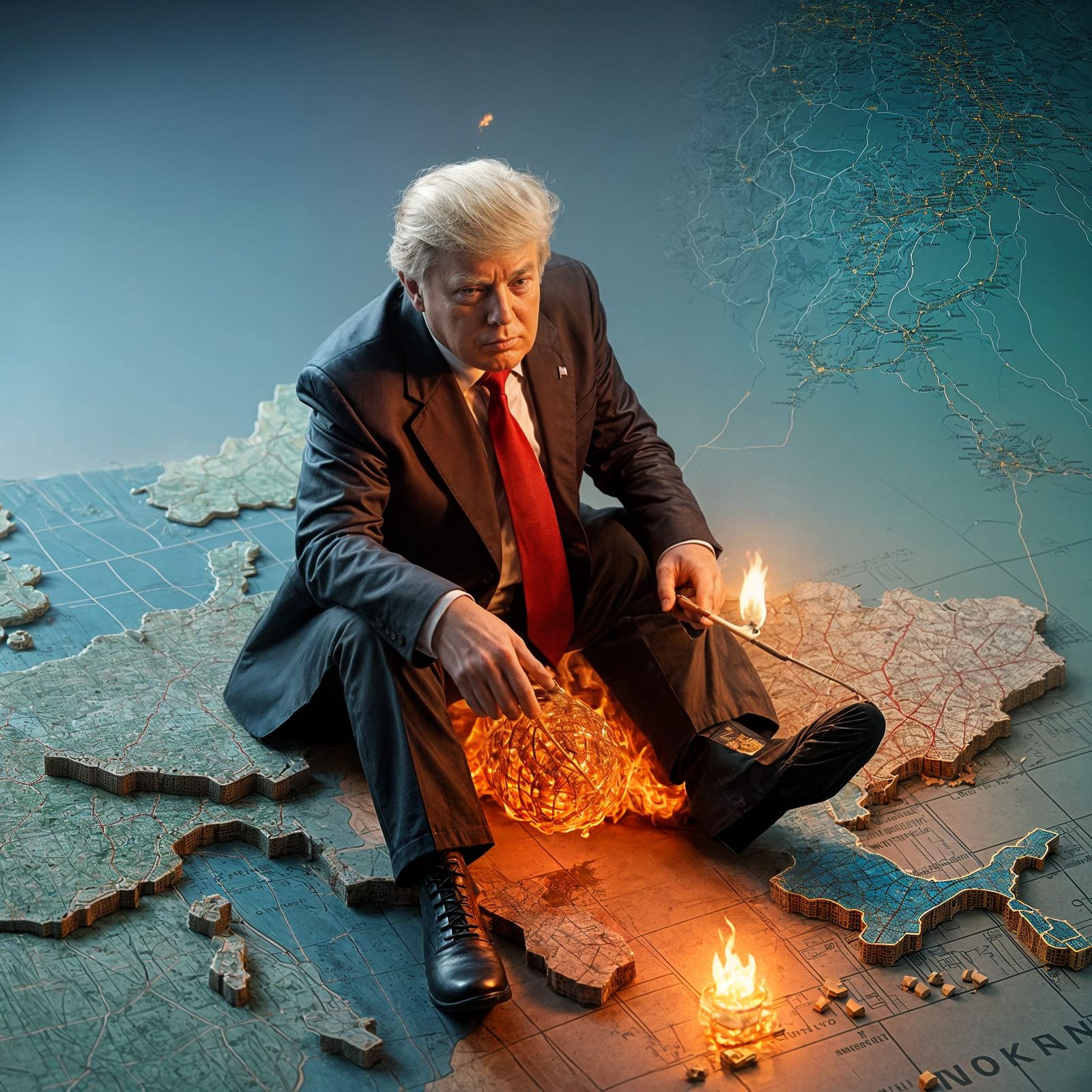 Donald Trump Engulfed in Flames on a Burning Ukraine Map