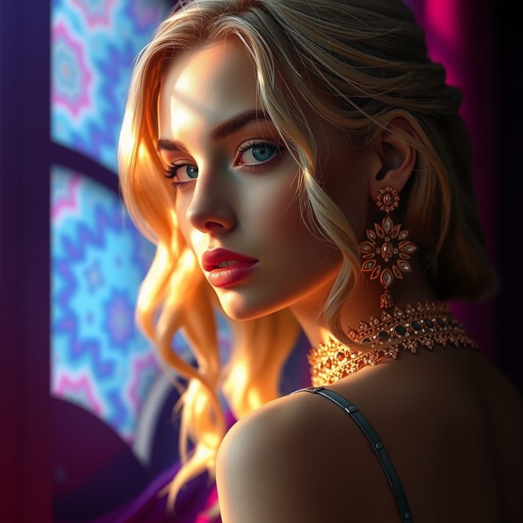 Beautiful woman with hair set up with gold jewelry Hyperrealistic, splash art, concept art, mid shot, intricately detailed, color depth, dra...