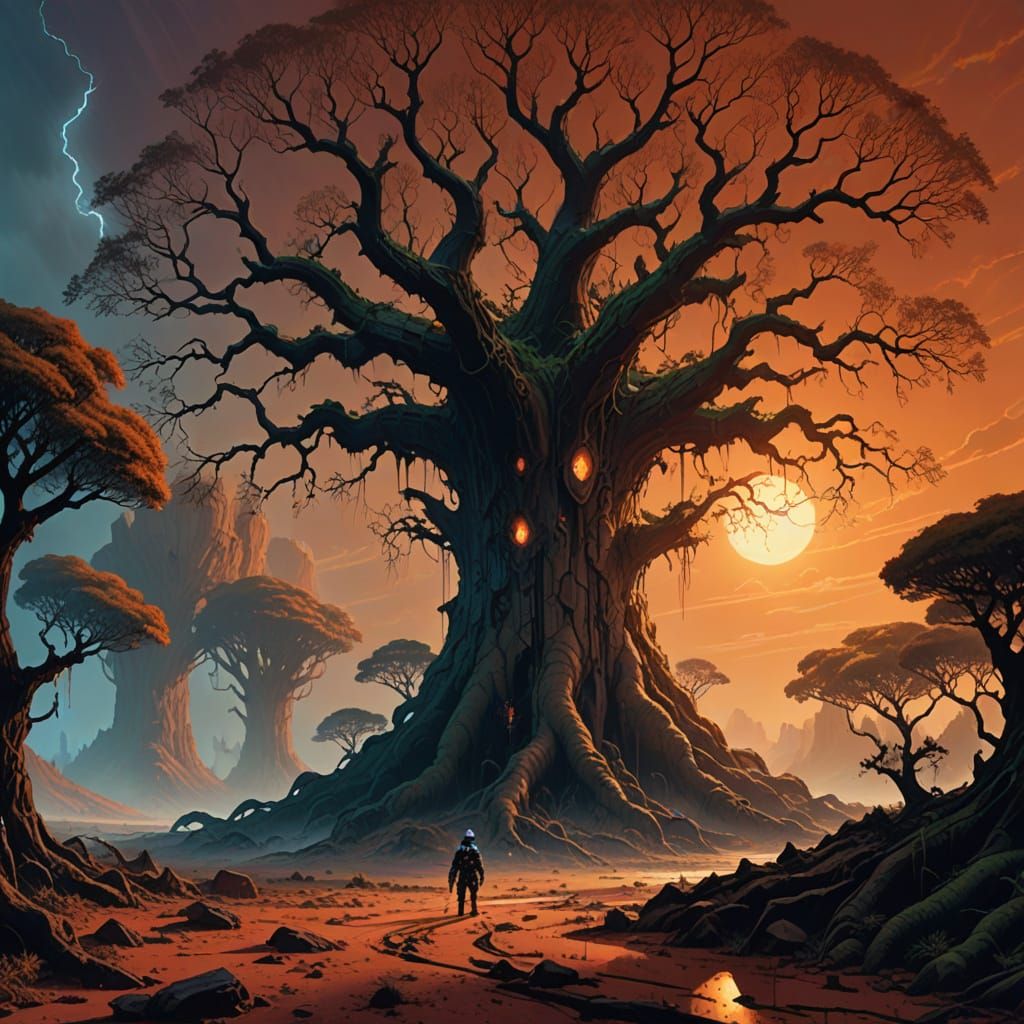 Colossal Martian Tree Under Alien Sky