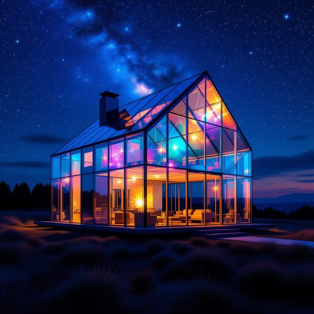 Glass House Glowing Under Starry Night Sky