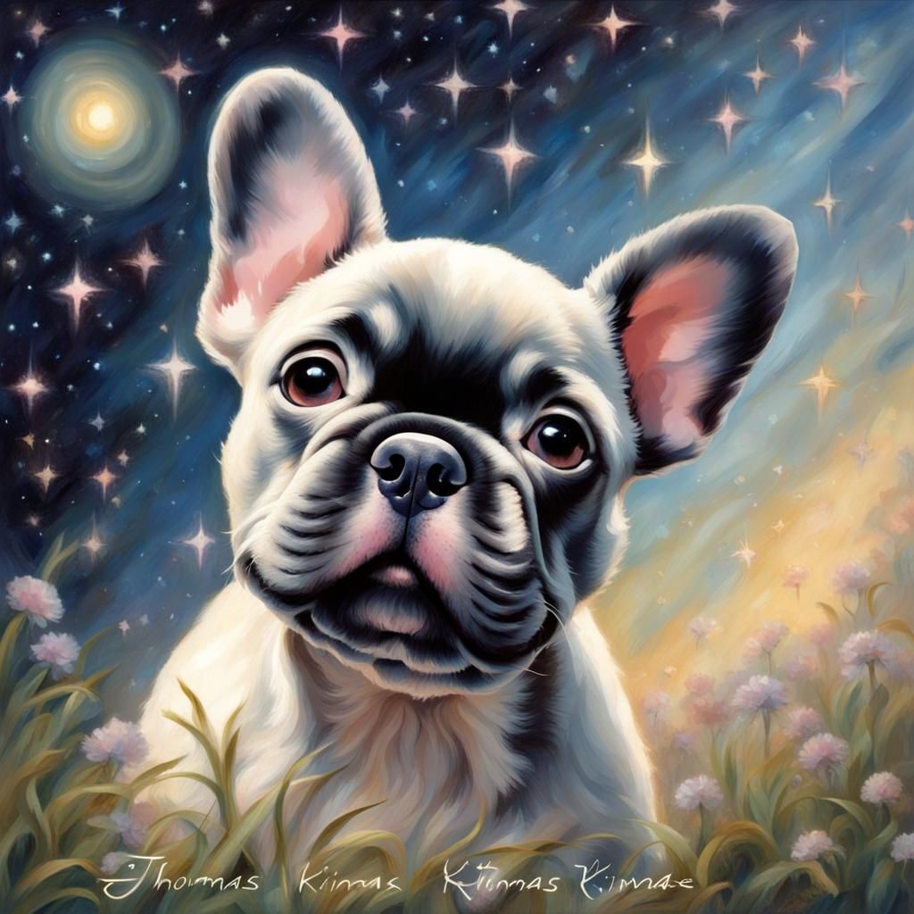 French Bulldog puppy looking up at the stars on the bottom w...