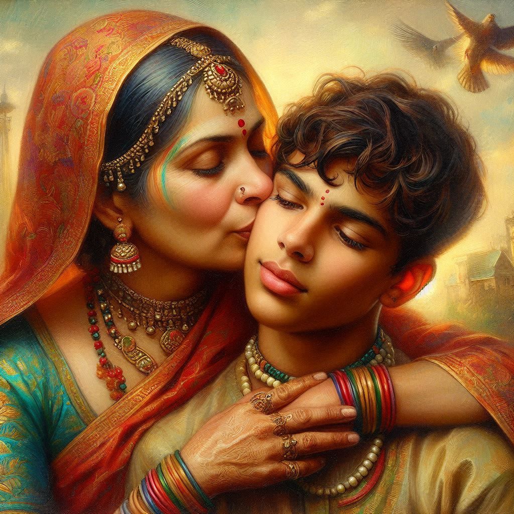 Indian mother kissing teenage son, oil painting