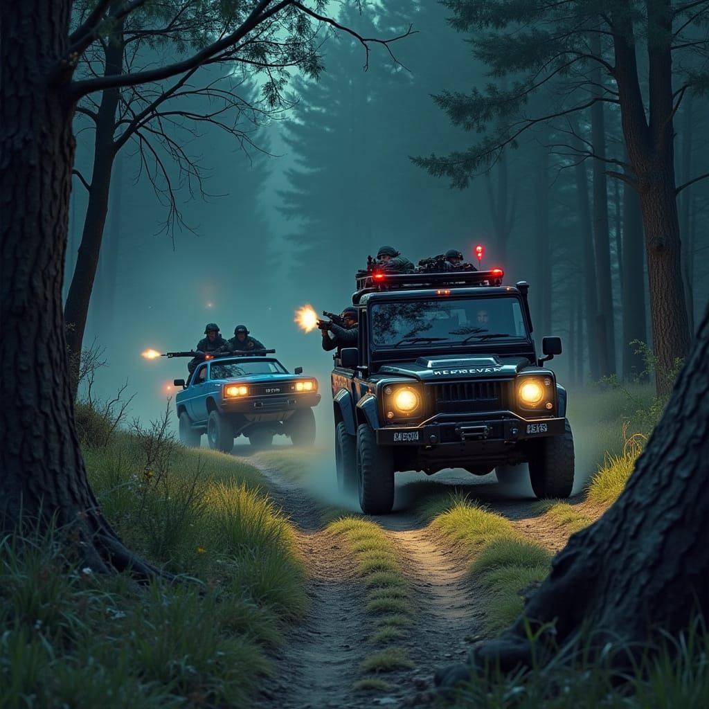 CIA Chase Through Dark Forest, Syd Mead Style