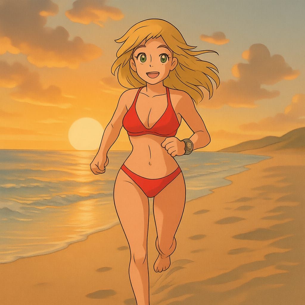 A blonde is running on the beach in Baywatch style