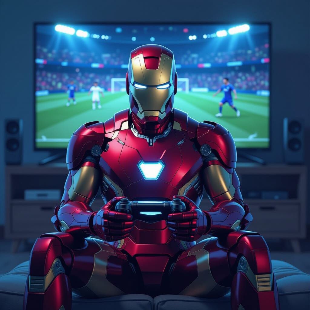 Iron Man Plays Video Games in Cinematic Digital Art