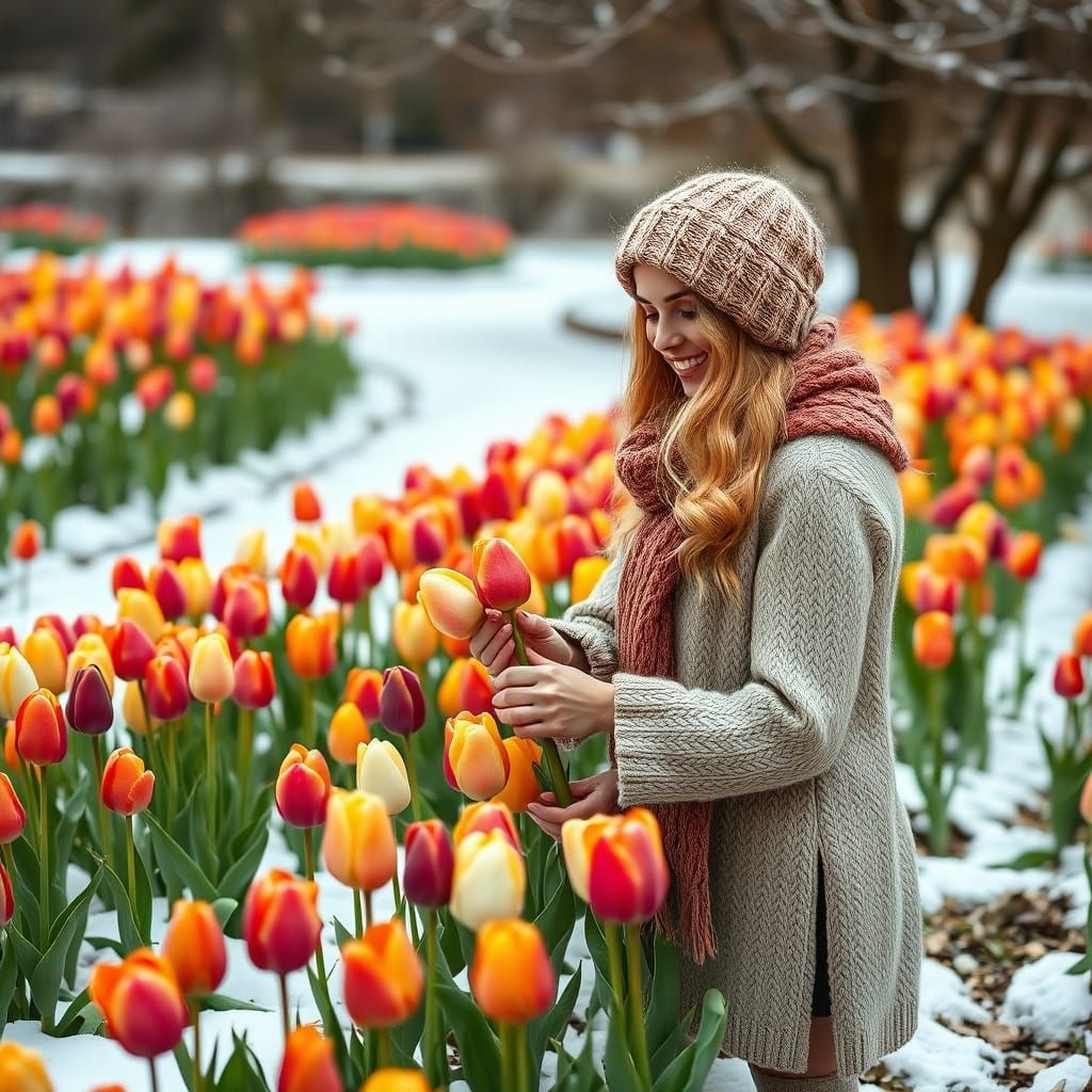 picking tulips, a garden covered in snow,