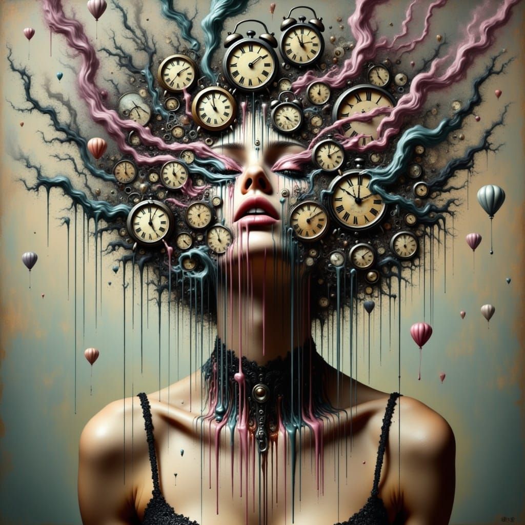 <lora:KakSurrealChaos:1.0>A surreal smoked woman with her hair made entirely of gears, melting clocks, and dripping paint, Mixed media, chao...