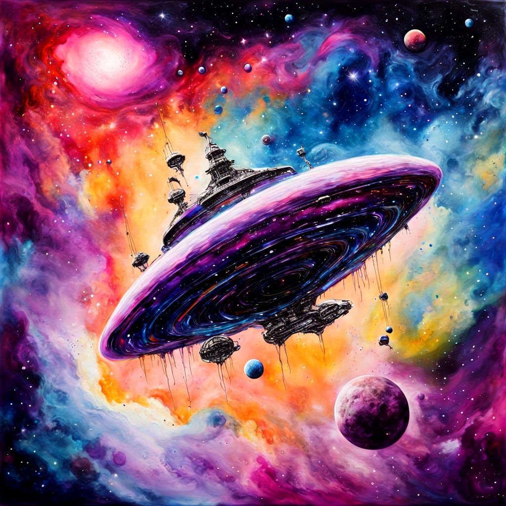 Impressionist Galaxies made of dripping ink. Spaceship flying through the space toward a planet  by @Lyndsey