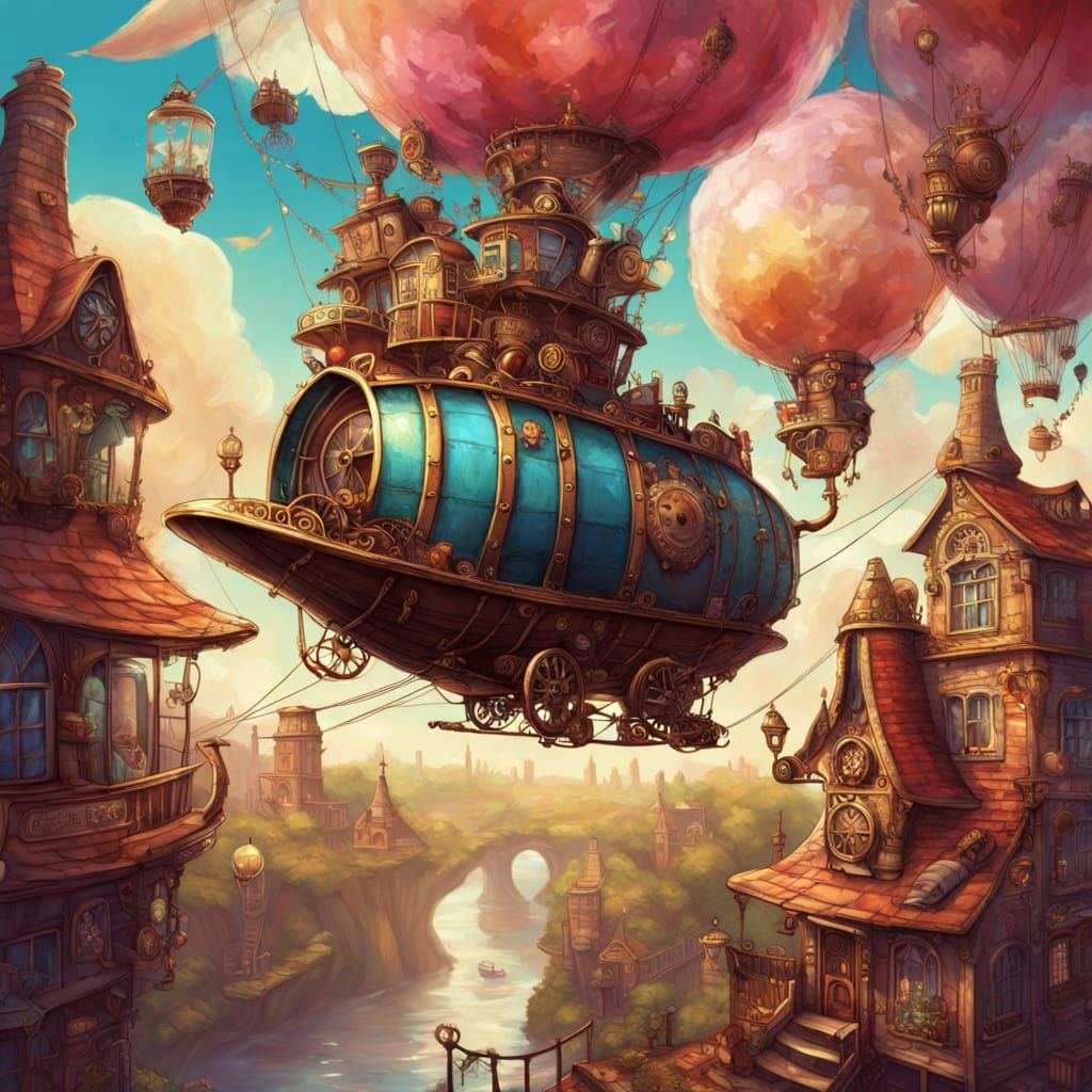 A whimsical scene of a steampunk airship shaped like a giant teacup, soaring through a sky filled with candy-floss clouds and gingerbread ho...