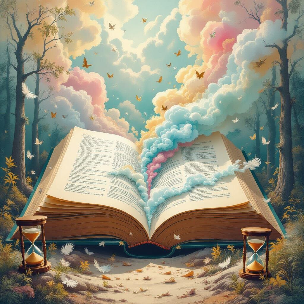 Surreal Book Horizon with Luminous Feathers