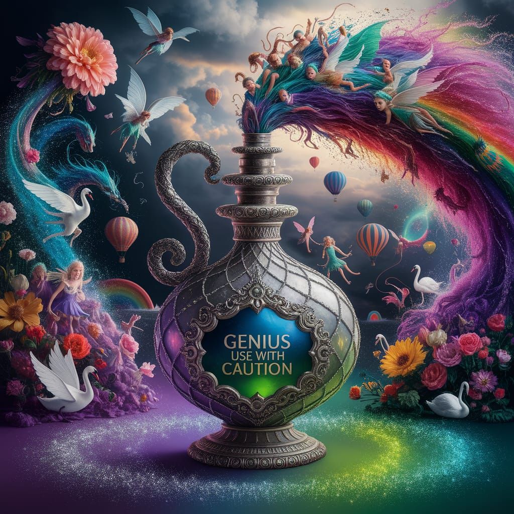 Bottled Genius: Use With Caution  by @AIUrbanTemple
